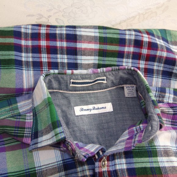 Tommy Bahama Plaid Tencel Blend Montauk Flannel Purple Plaid XS Metal Buttoned - Picture 3 of 15